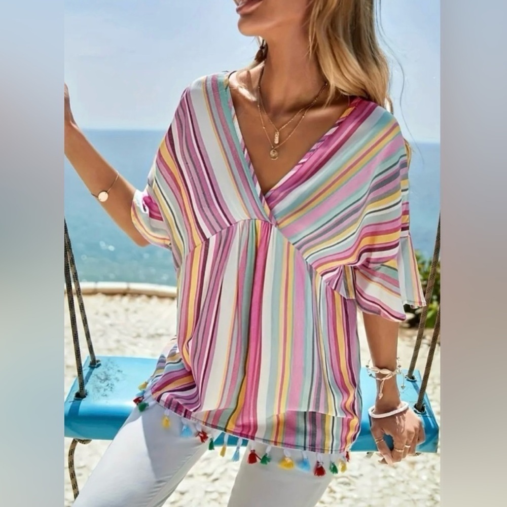 Kori Multicolor Striped Tunic Tassels Lightweight Summer Resort  Size Medium